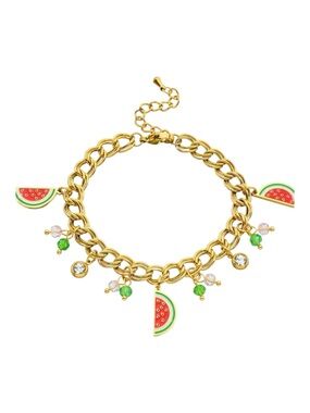 Watermelon Charm Bracelet – 18K Gold Plated Stainless Steel, CZ Accents